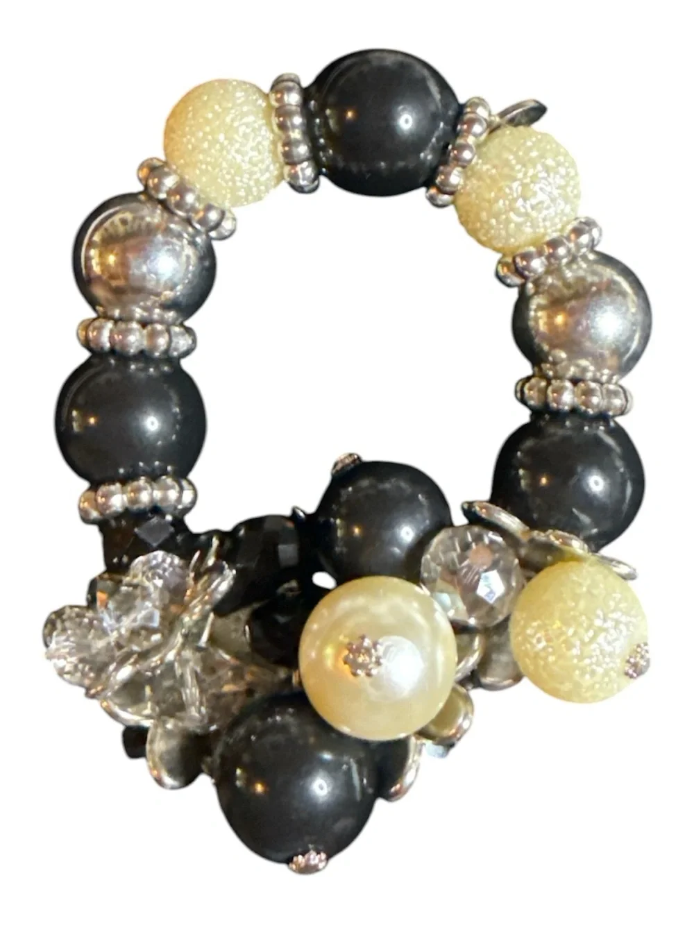 Boutique Chunky Black & Ivory Stretch Statement Bracelet Faux Pearl Crystal EUC